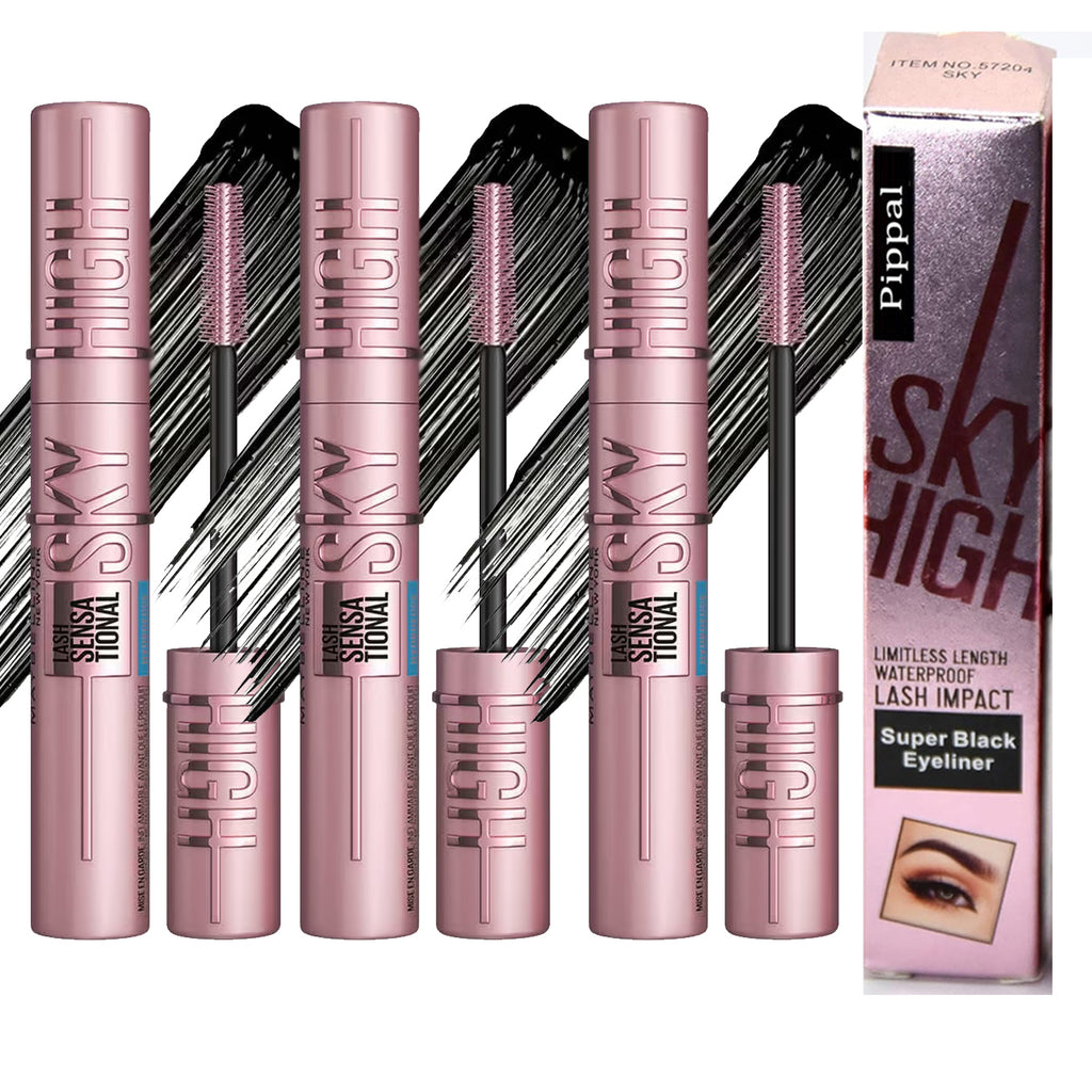 Pippal Sky High Eyeliner + Ultra Volume Mascara Combo (Pack of 3) – Waterproof, Bold & Dramatic Lashes